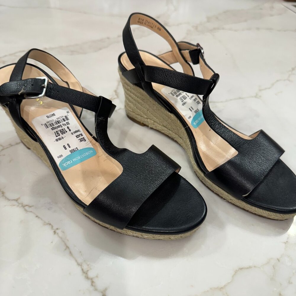 Cole Haan Elizabeth Wedge II Sandal Black Leather T-Strap Espadrille Size 8